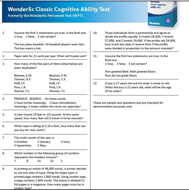 Wonderlic Test Score Chart