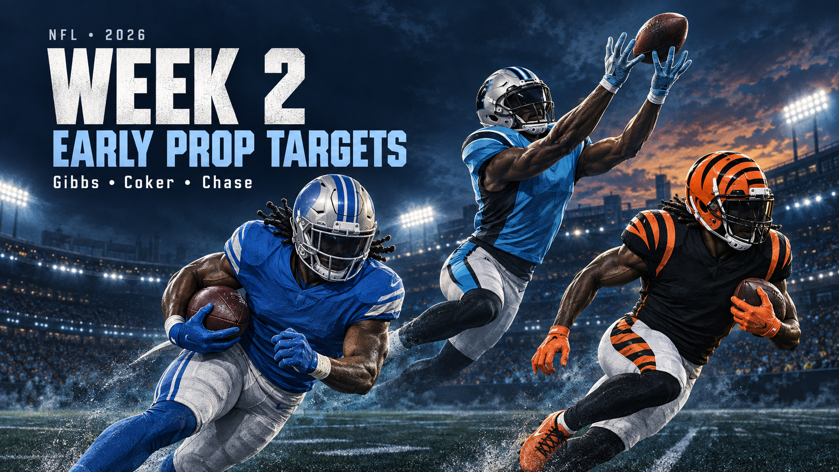 Editorial illustration of three football players for the NFL Week 2 early prop targets article. Editorial illustration of three football players for the NFL Week 2 early prop targets article.